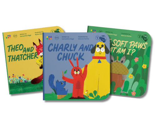 An image of three decodable texts covers from Heggerty's Frog series. The titles are Theo and Thatcher, Charly and Chuck, and I have Soft Paws, What Am I? They feature bright and colorful illustrations. The text on the covers is written in bold font. The books are decodable and may be used as resources for teaching foundational literacy skills.